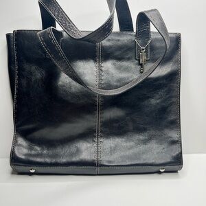 Black Leather Fossil Tote with Logo Interior
